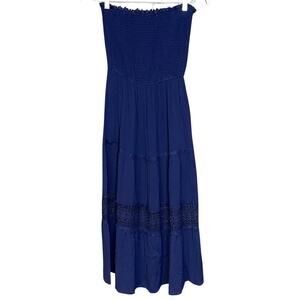 Zesica navy strapless midi dress blue ruffle lace flowy summer stretchy size S